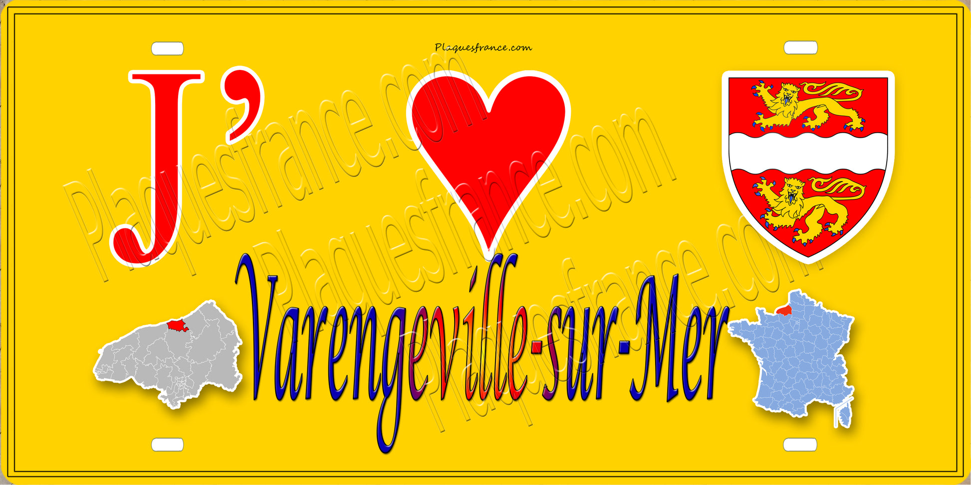 Plaque métal décorative 15x30 J' ❤️ Varengeville-sur-Mer, Seine Maritime (76) jaune carte