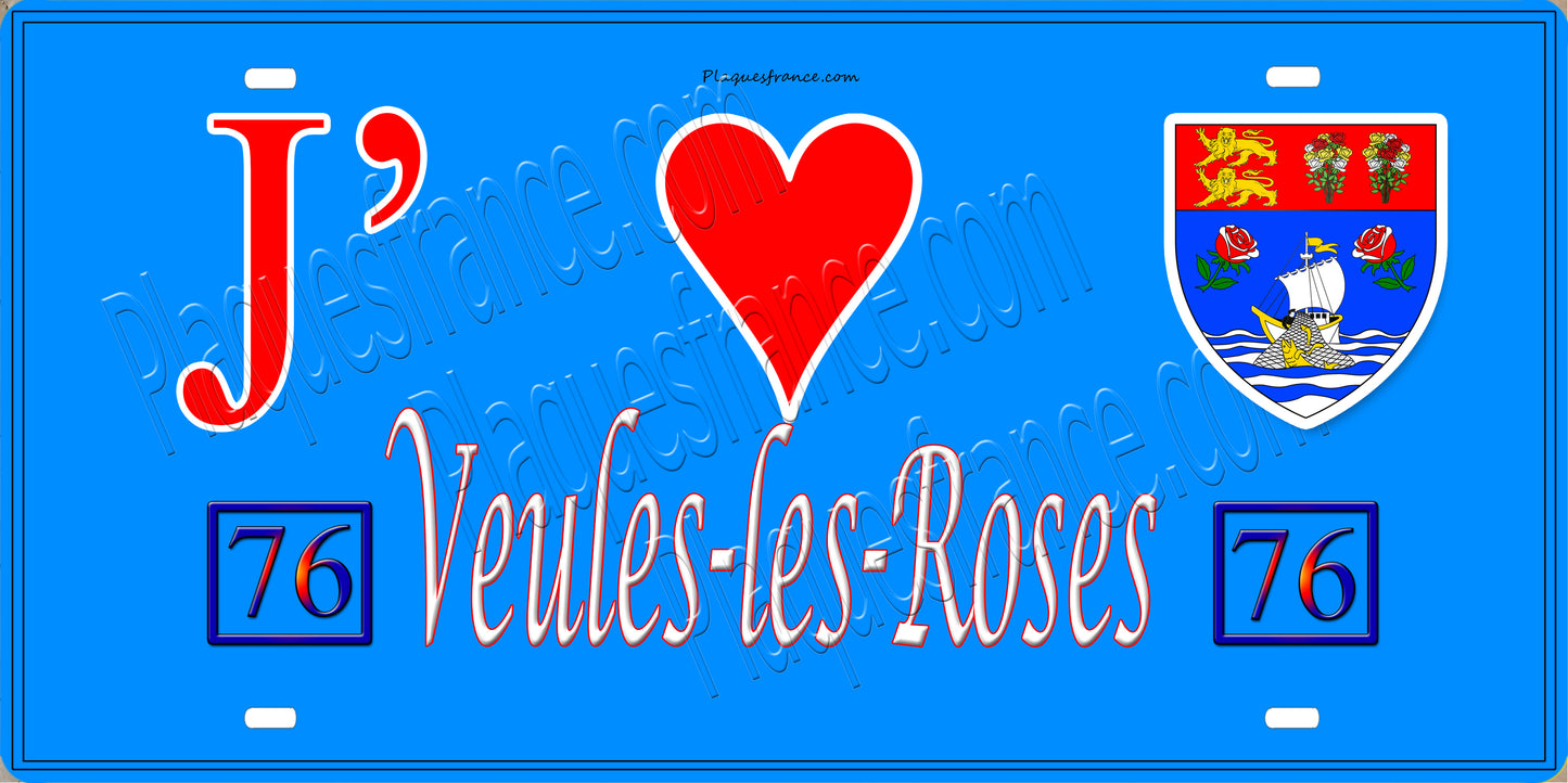 Plaque métal décorative 15X30 J' ❤️ Veules-les-Roses, Seine Maritime (76) bleu