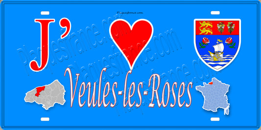 Plaque métal décorative 15X30 J' ❤️ Veules-les-Roses, Seine Maritime (76) bleu carte