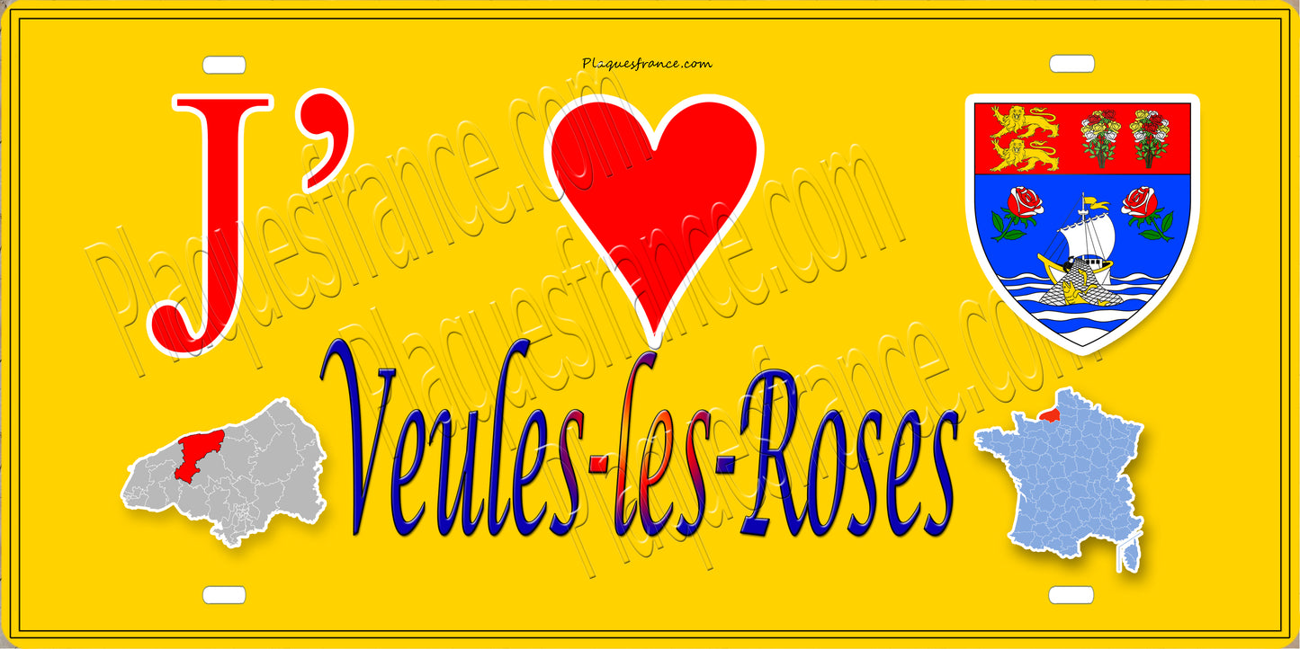 Plaque métal décorative 15X30 J' ❤️ Veules-les-Roses, Seine Maritime (76) jaune carte