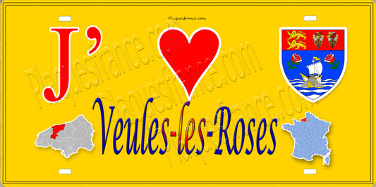 Plaque métal décorative 15X30 J' ❤️ Veules-les-Roses, Seine Maritime (76) jaune carte