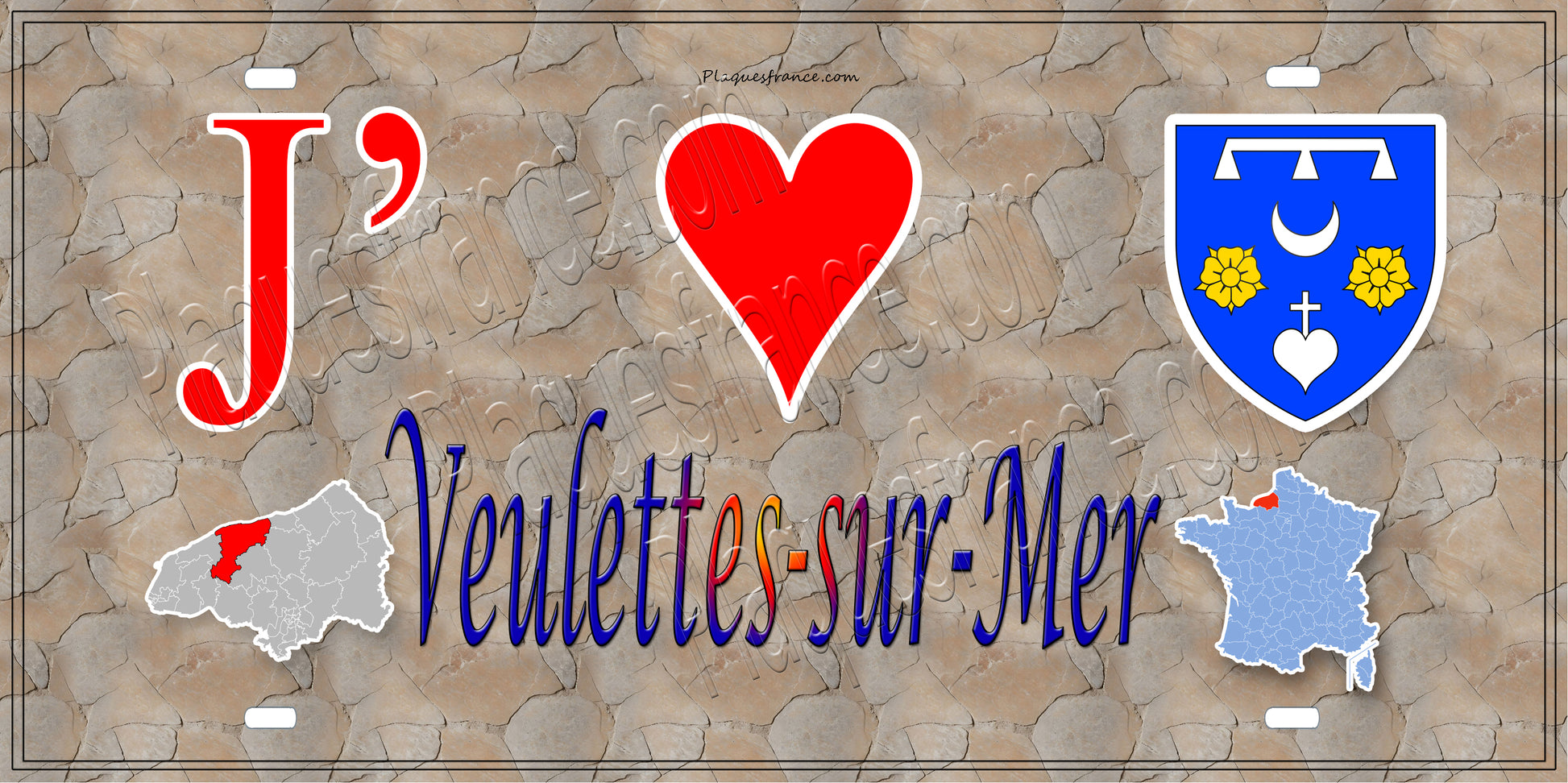 Plaque métal décorative 15X30 J' ❤️ Veulettes-sur-Mer, Seine Maritime (76) antique carte