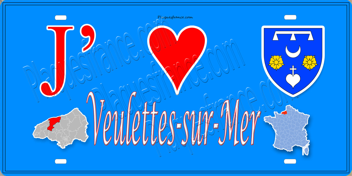Plaque métal décorative 15X30 J' ❤️ Veulettes-sur-Mer, Seine Maritime (76) bleu carte