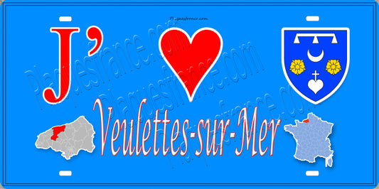 Plaque métal décorative 15X30 J' ❤️ Veulettes-sur-Mer, Seine Maritime (76) bleu carte
