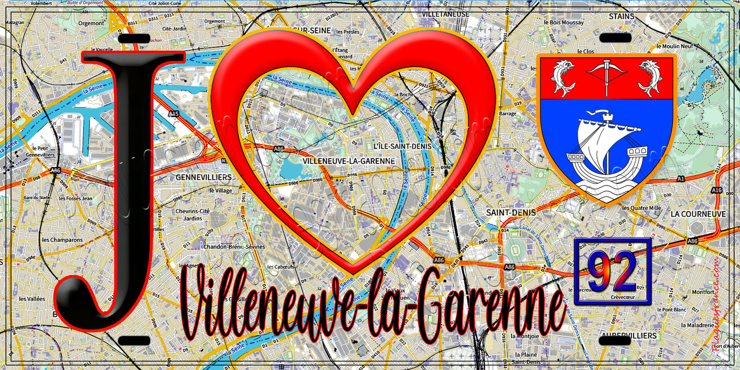 Plaque métal décorative  J' ❤️ Villeneuve-la-Garenne, Hauts de Seine (92) fond carte
