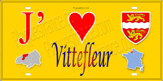 Plaque métal décorative 15X30 J' ❤️ Vittefleur, Seine Maritime (76) jaune carte