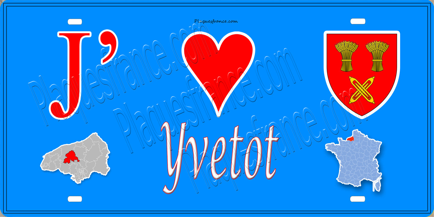 Plaque métal décorative 15X30 J' ❤️ Yvetot, Seine Maritime (76) bleu carte