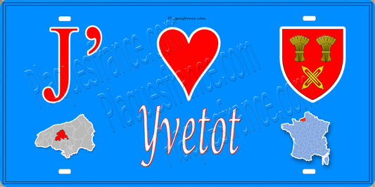 Plaque métal décorative 15X30 J' ❤️ Yvetot, Seine Maritime (76) bleu carte