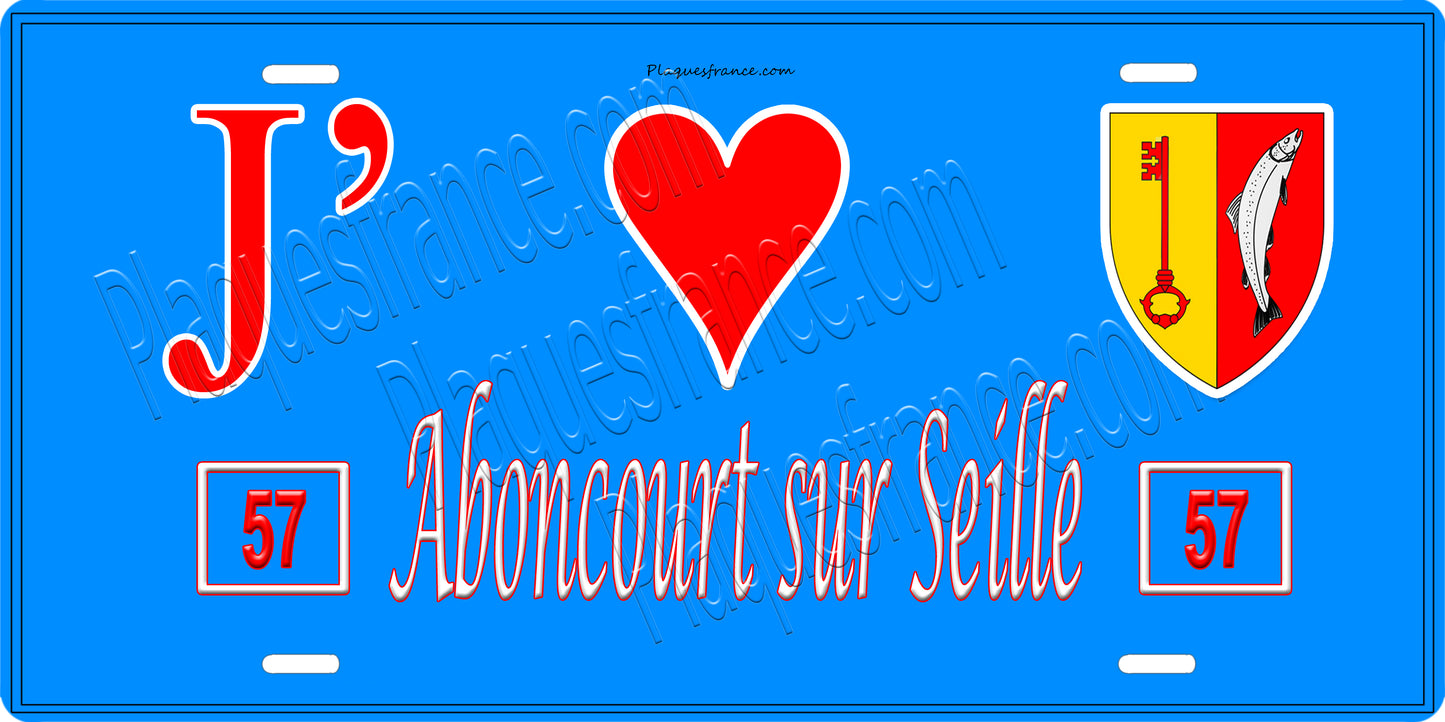 Plaque métal décorative J' ❤️ Aboncourt sur Seille, fond bleu 57