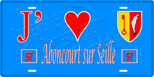 Plaque métal décorative J' ❤️ Aboncourt sur Seille, fond bleu 57