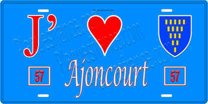 Plaque métal décorative 15 x 30 cm fond bleu 57 J' ❤️ Ajoncourt, canton du Saulnois Moselle 57