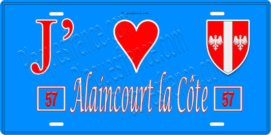 Plaque métal décorative 15 x 30 cm fond bleu 57 J' ❤️ Alaincourt la Côte, canton du Saulnois Moselle 57