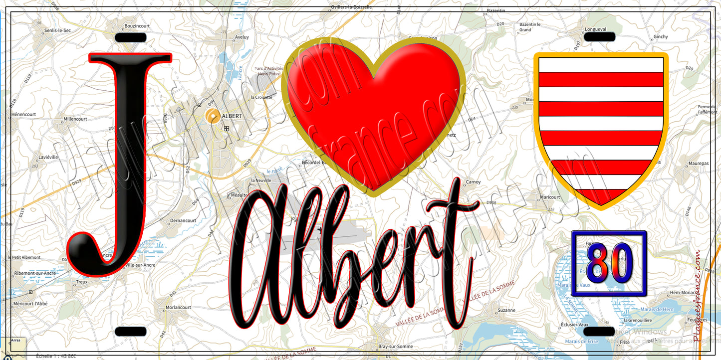 Plaque métal décorative  J' ❤️ Albert, Somme (80)