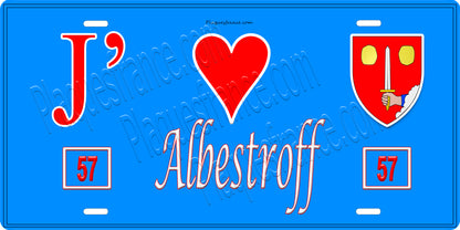 Plaque métal décorative 15 x 30 cm fond bleu 57 J' ❤️ Albestroff, canton du Saulnois Moselle 57