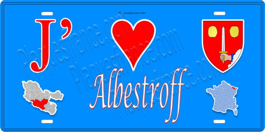 Plaque métal décorative 15 x 30 cm fond bleu carte J' ❤️ Albestroff, canton du Saulnois Moselle 57