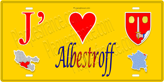 Plaque métal décorative 15 x 30 cm fond jaune carte J' ❤️ Albestroff, canton du Saulnois Moselle 57