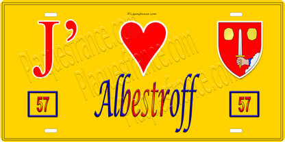 Plaque métal décorative 15 x 30 cm fond jaune 57 J' ❤️ Albestroff, canton du Saulnois Moselle 57