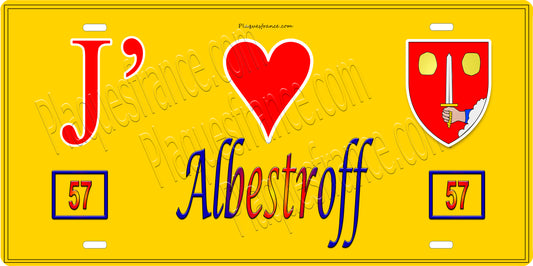 Plaque métal décorative 15 x 30 cm fond jaune 57 J' ❤️ Albestroff, canton du Saulnois Moselle 57