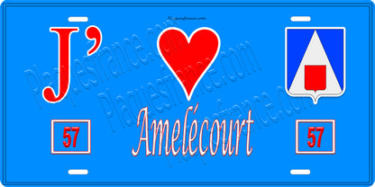 Plaque métal décorative 15 x 30 cm fond bleu 57 J' ❤️ Amelécourt, canton du Saulnois Moselle 57