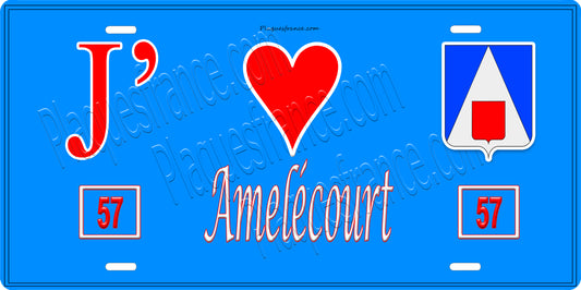 Plaque métal décorative 15 x 30 cm fond bleu 57 J' ❤️ Amelécourt, canton du Saulnois Moselle 57
