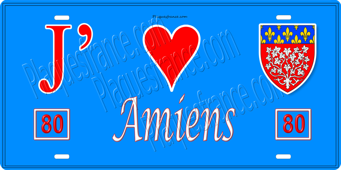 Plaque métal décorative, J' ❤️Amiens, Somme, fond  mur bleu 80