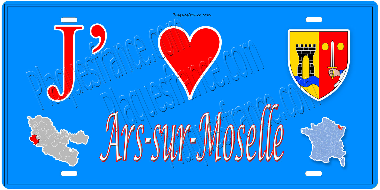 Plaque métal décorative 15 x 30 cm fond  mur bleu carte J' ❤️Ars sur Moselle, canton Les Coteaux de Moselle  57