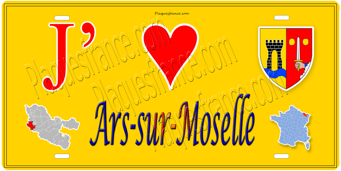 Plaque métal décorative 15 x 30 cm fond  mur jaune carte J' ❤️Ars sur Moselle, canton Les Coteaux de Moselle  57