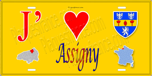 Plaque métal décorative  J' ❤️ Assigny, Seine Maritime (76) jaune carte