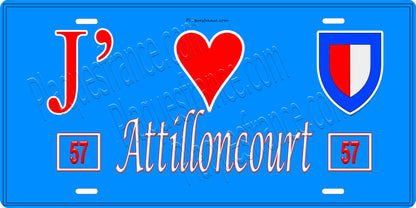 Plaque métal décorative 15 x 30 cm fond bleu 57 J' ❤️ Attilloncourt, canton du Saulnois Moselle 57