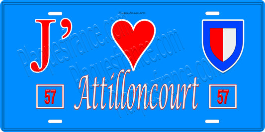 Plaque métal décorative 15 x 30 cm fond bleu 57 J' ❤️ Attilloncourt, canton du Saulnois Moselle 57