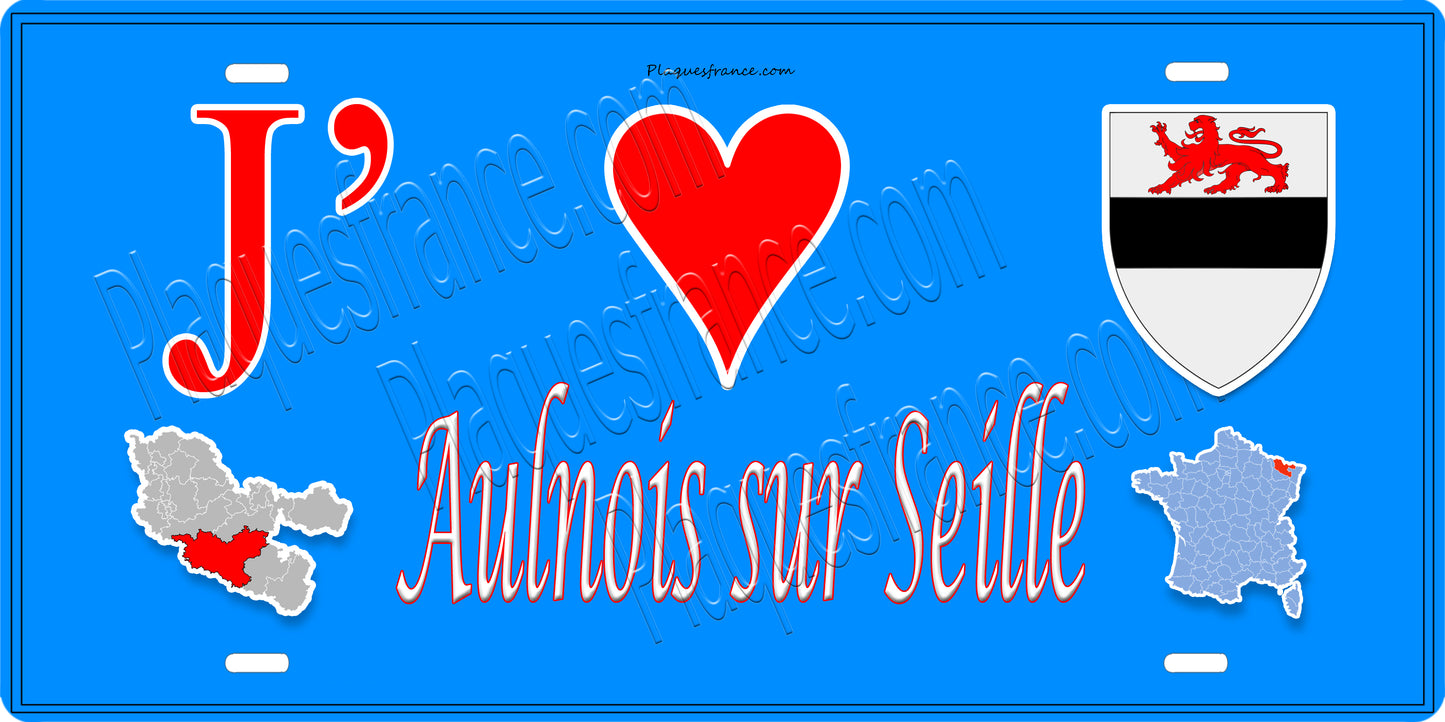 Plaque métal décorative 15 x 30 cm fond bleu carte J' ❤️ Aulnois-sur-Seille, canton du Saulnois Moselle 57