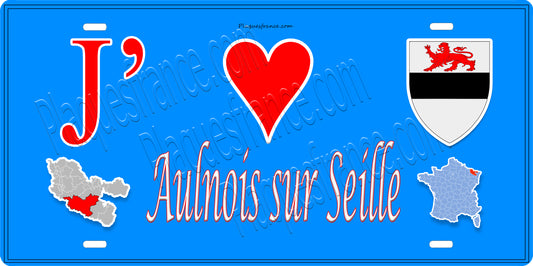 Plaque métal décorative 15 x 30 cm fond bleu carte J' ❤️ Aulnois-sur-Seille, canton du Saulnois Moselle 57