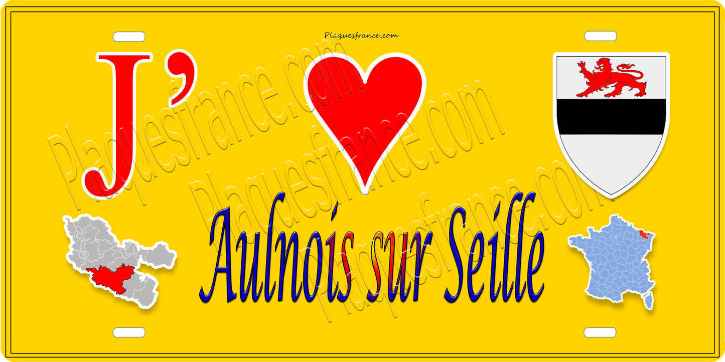 Plaque métal décorative 15 x 30 cm fond jaune carte J' ❤️ Aulnois-sur-Seille, canton du Saulnois Moselle 57