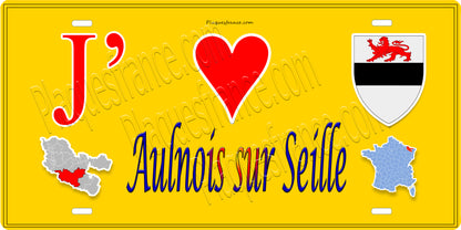 Plaque métal décorative 15 x 30 cm fond jaune carte J' ❤️ Aulnois-sur-Seille, canton du Saulnois Moselle 57