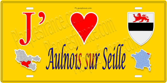 Plaque métal décorative 15 x 30 cm fond jaune carte J' ❤️ Aulnois-sur-Seille, canton du Saulnois Moselle 57