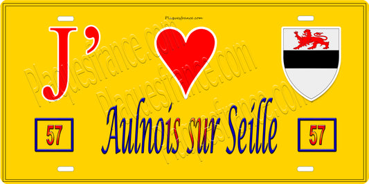 Plaque métal décorative 15 x 30 cm fond jaune 57 J' ❤️ Aulnois-sur-Seille, canton du Saulnois Moselle 57