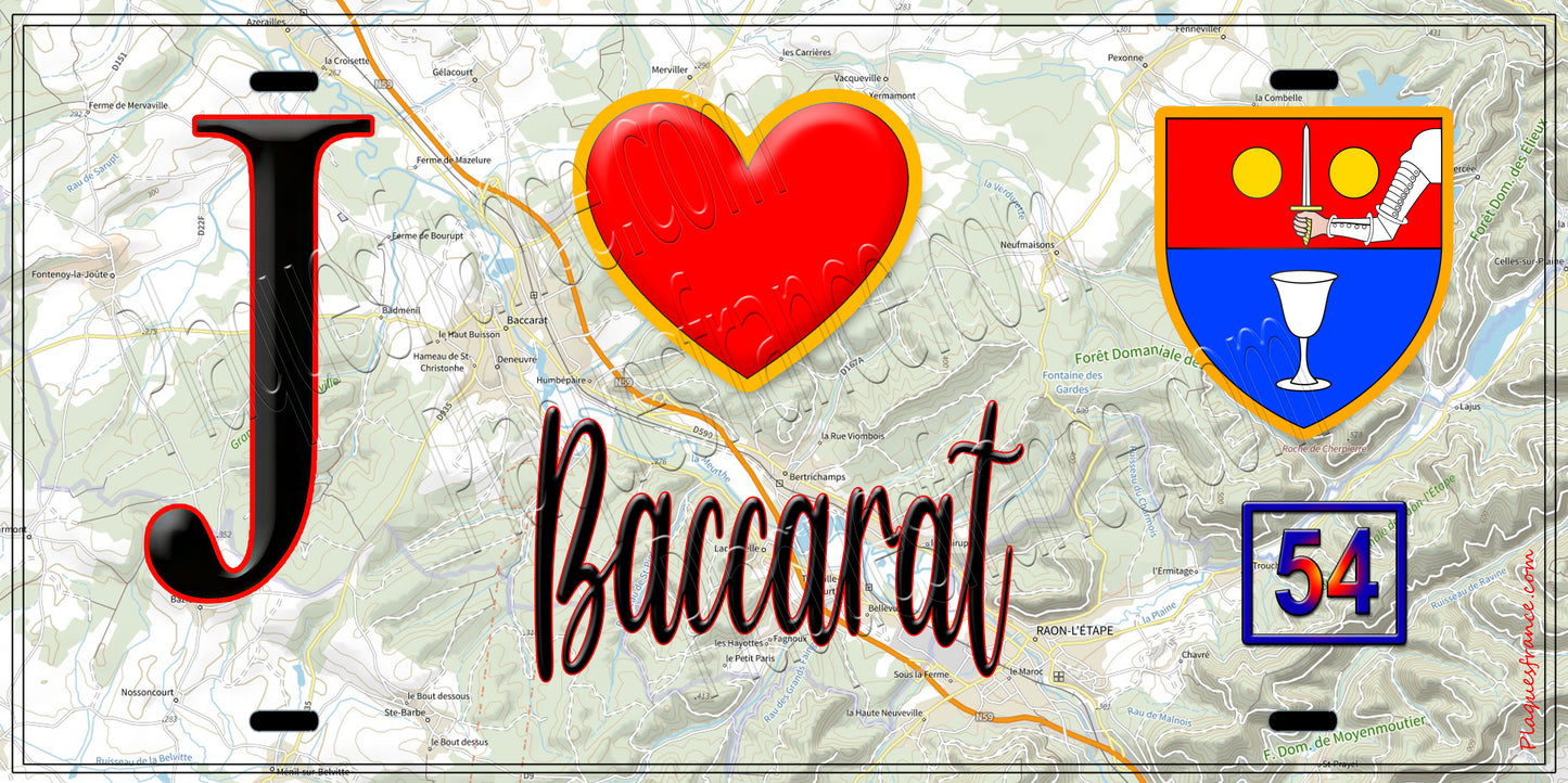 Plaque métal décorative  J' ❤️ Baccarat, Meurthe et Moselle (54)