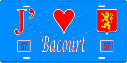 Plaque métal décorative 15 x 30 cm fond bleu 57 J' ❤️ Bacourt, canton du Saulnois Moselle 57