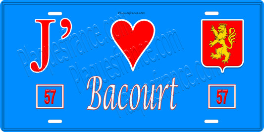Plaque métal décorative 15 x 30 cm fond bleu 57 J' ❤️ Bacourt, canton du Saulnois Moselle 57