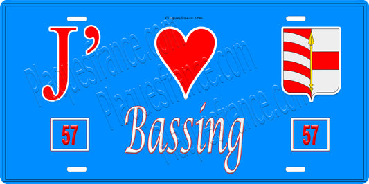 Plaque métal décorative 15 x 30 cm fond bleu 57 J' ❤️ Bassing, canton du Saulnois Moselle 57