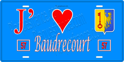 Plaque métal décorative 15 x 30 cm fond bleu 57 J' ❤️ Baudrecourt, canton du Saulnois Moselle 57