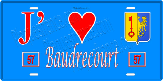 Plaque métal décorative 15 x 30 cm fond bleu 57 J' ❤️ Baudrecourt, canton du Saulnois Moselle 57