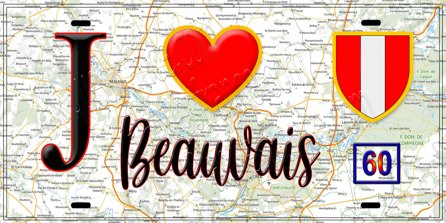 Plaque métal décorative  J' ❤️ Beauvais, Oise (60)