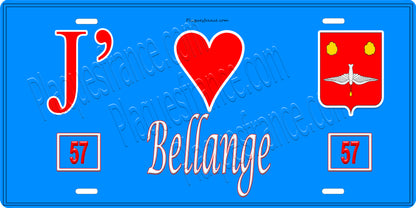 Plaque métal décorative 15 x 30 cm fond bleu 57 J' ❤️ Bellange, canton du Saulnois Moselle 57