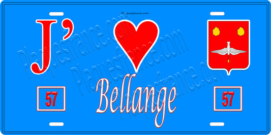 Plaque métal décorative 15 x 30 cm fond bleu 57 J' ❤️ Bellange, canton du Saulnois Moselle 57