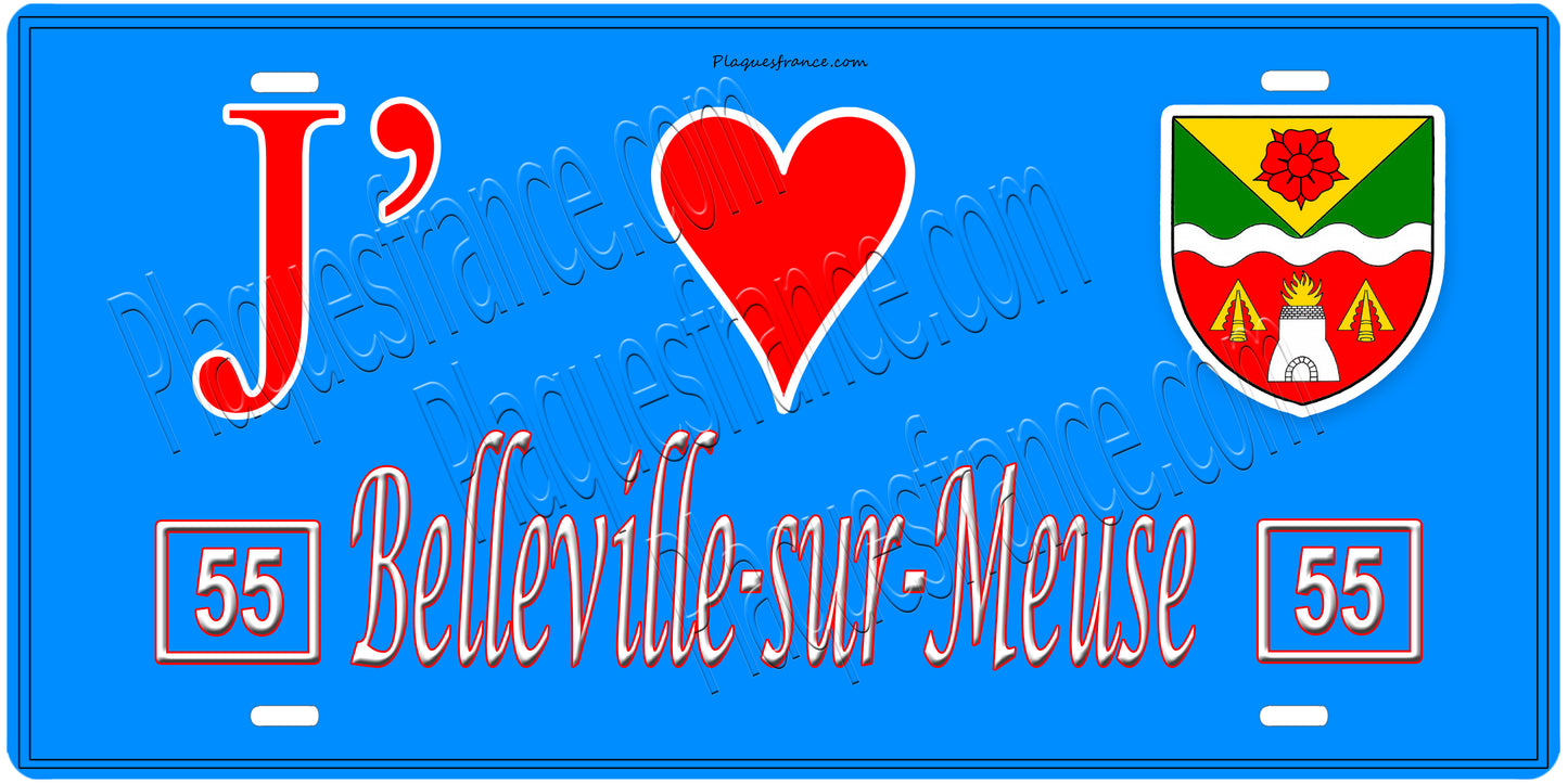 Plaque métal décorative, J' ❤️Belleville-sur-Meuse, Meuse, fond  mur bleu 55