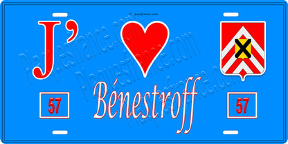 Plaque métal décorative 15 x 30 cm fond bleu 57 J' ❤️ Bénestroff, canton du Saulnois Moselle 57
