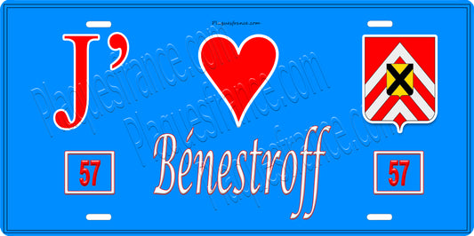 Plaque métal décorative 15 x 30 cm fond bleu 57 J' ❤️ Bénestroff, canton du Saulnois Moselle 57
