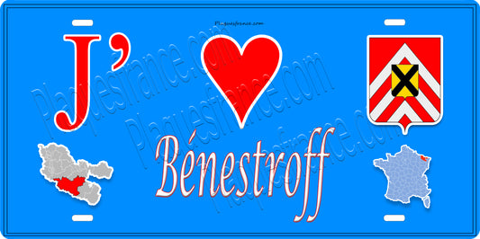Plaque métal décorative 15 x 30 cm fond bleu carte J' ❤️ Bénestroff, canton du Saulnois Moselle 57