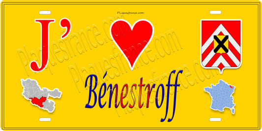 Plaque métal décorative 15 x 30 cm fond jaune carte J' ❤️ Bénestroff, canton du Saulnois Moselle 57